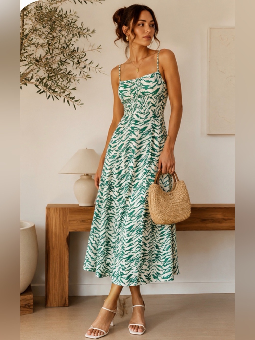 Reformation Bran Tank Midi Dress in Green Zebra ZigZag Print size 0